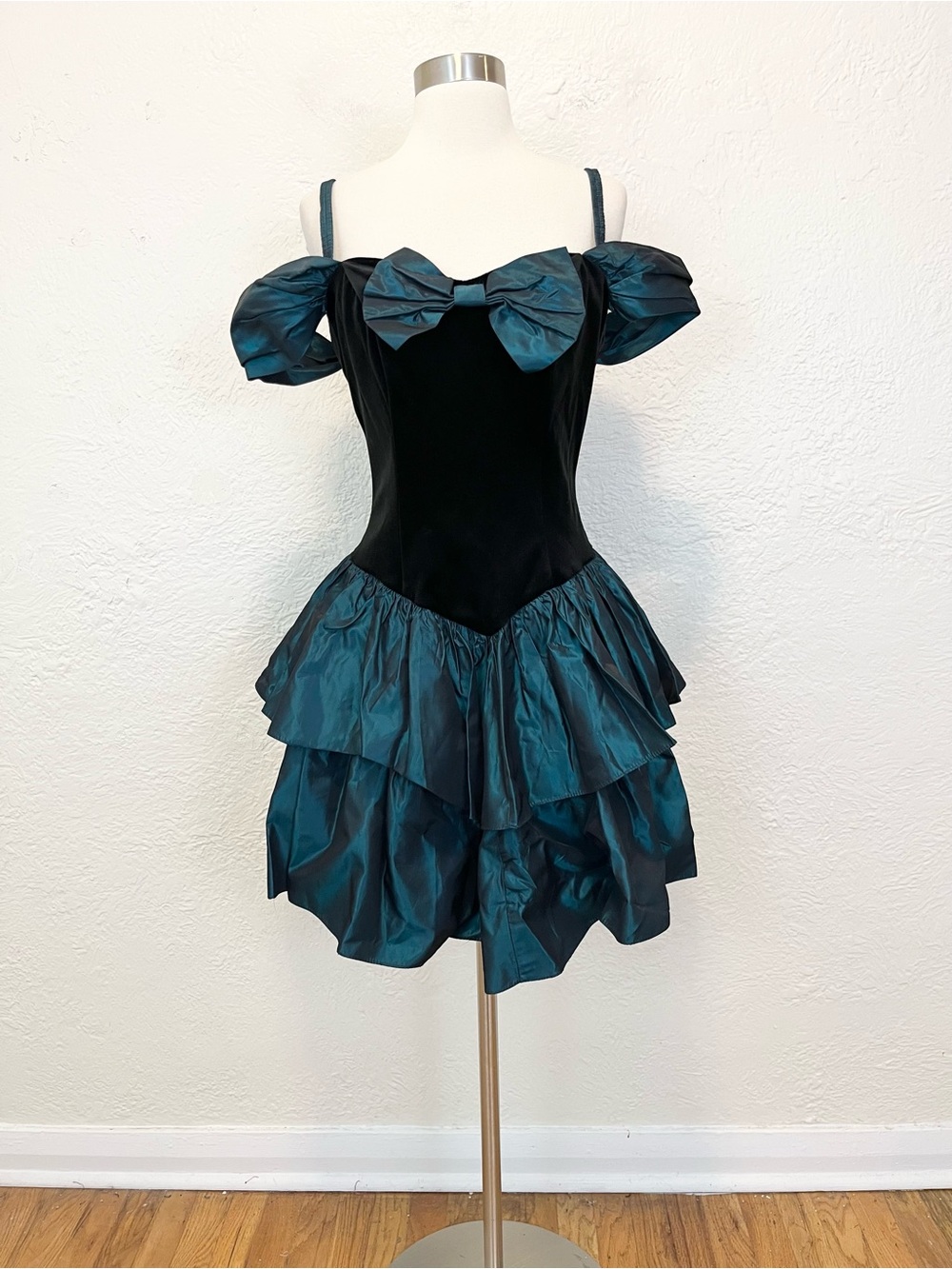 Vintage Mini Dress Black Velvet Teal Blue Taffeta Ruffle HOCO 9 Medium - Picture 5 of 14